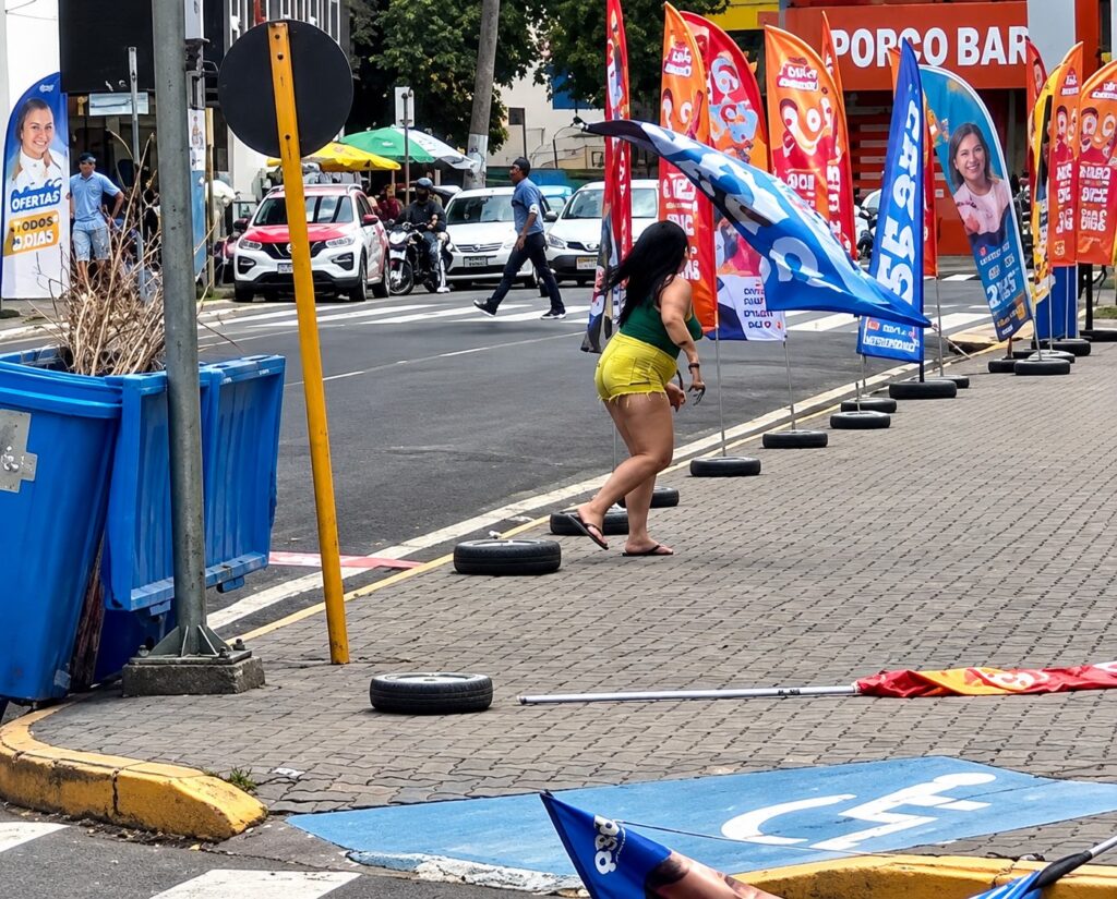 mulher arranca propaganda politica de candidatos em aracatuba